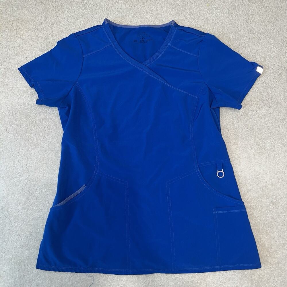 Infinity Cherokee Scrub Top Womens Medium Blue Mock Wrap V Neck Short Sleeve